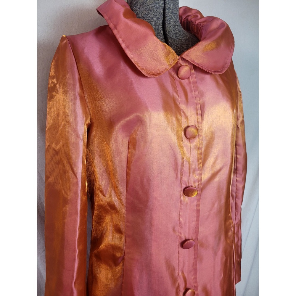 UBU 90's Y2K Metallic Orange Yellow Shift Shiny Mid Length Light Trench Coat M - Picture 2 of 15